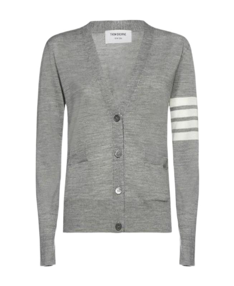 Thom Browne Virgn Wool Cardigan Dress With Sporty Stripe Detail In Gray