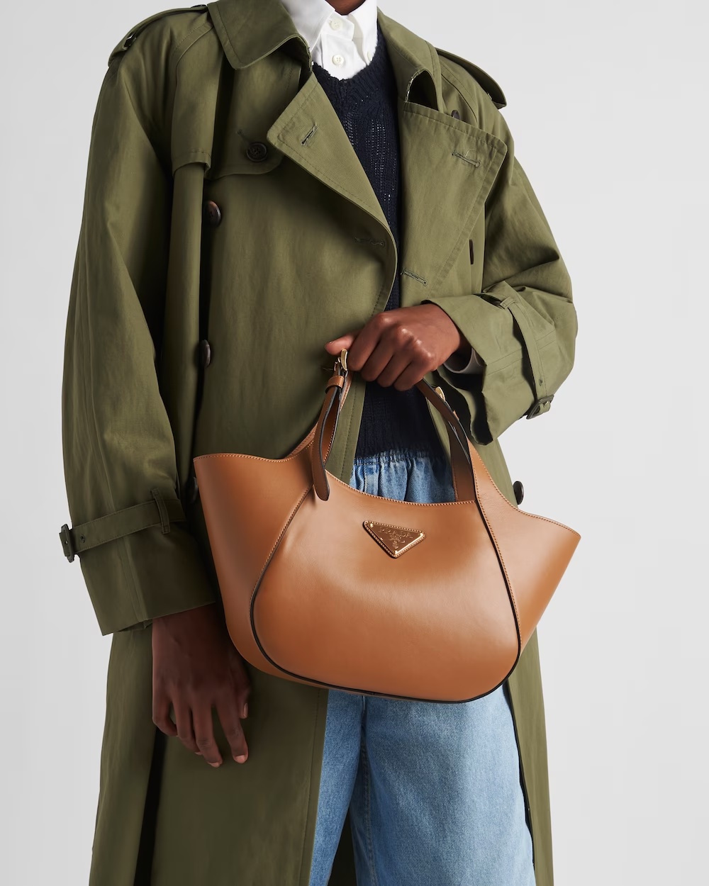 Prada Medium Enamel Triangle Logo Leather Tote Bag In Brown
