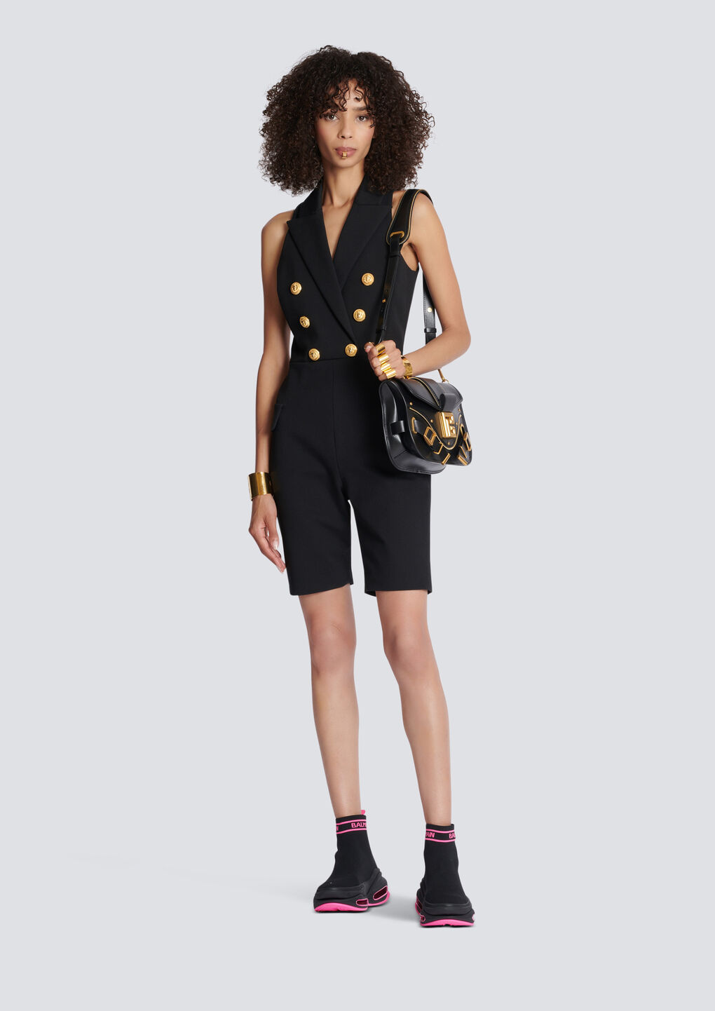 Balmain Button-embellished Stretch Cotton-blend Playsuit In Black