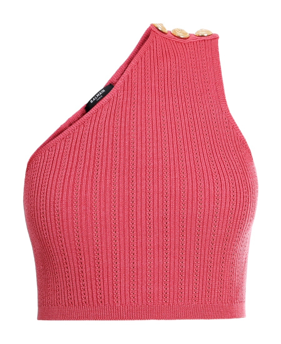 Balmain Asymmetric Buttoned Knit Top In Red