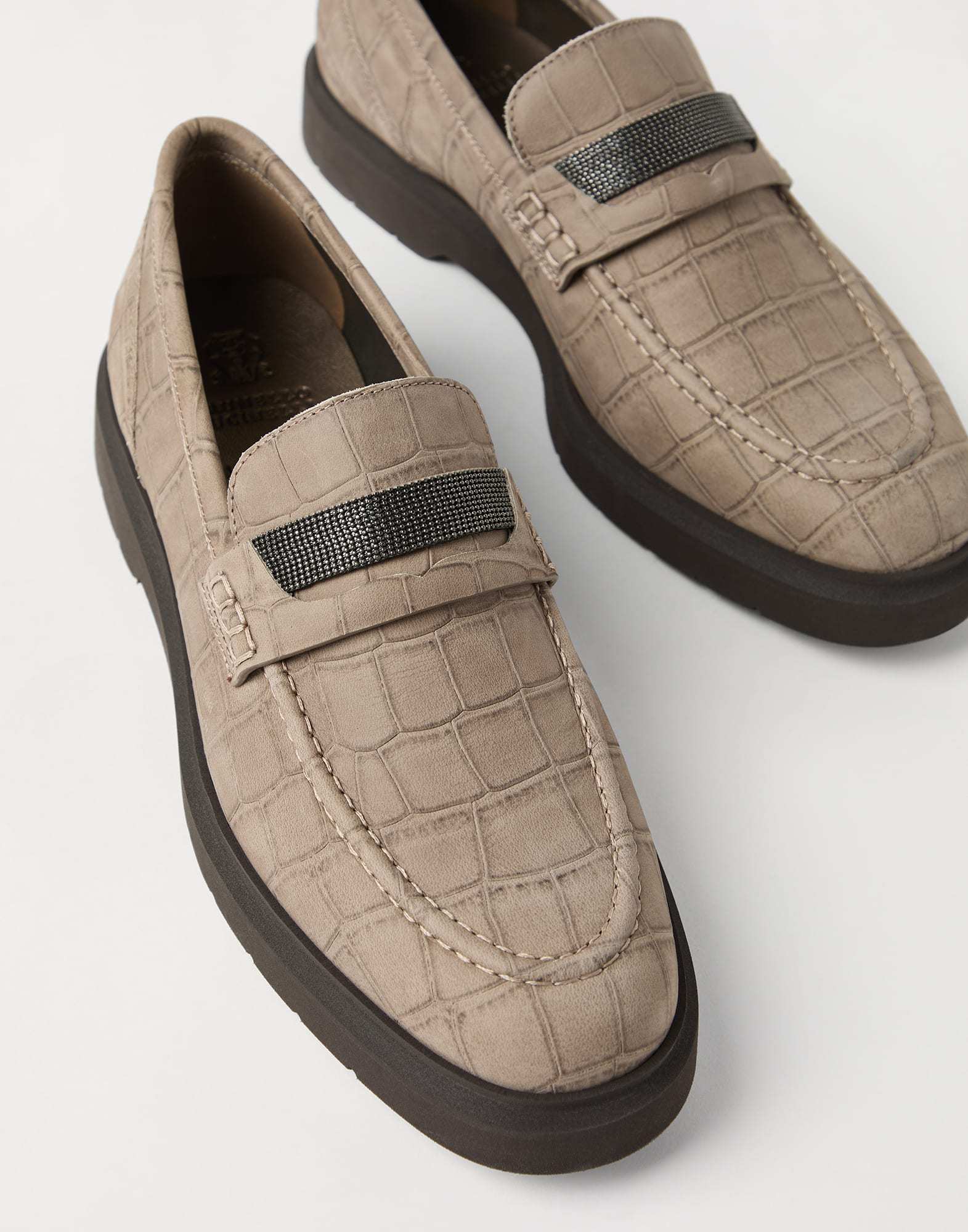 Brunello Cucinelli Crocodile Effect Round Toe Flat Sole Loafers In Neutral