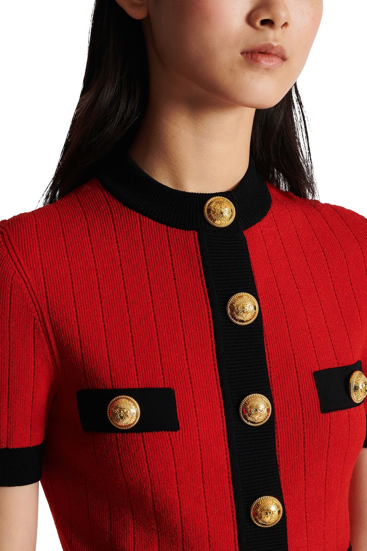 Balmain Short-sleeve Cropped Cardigan In Red