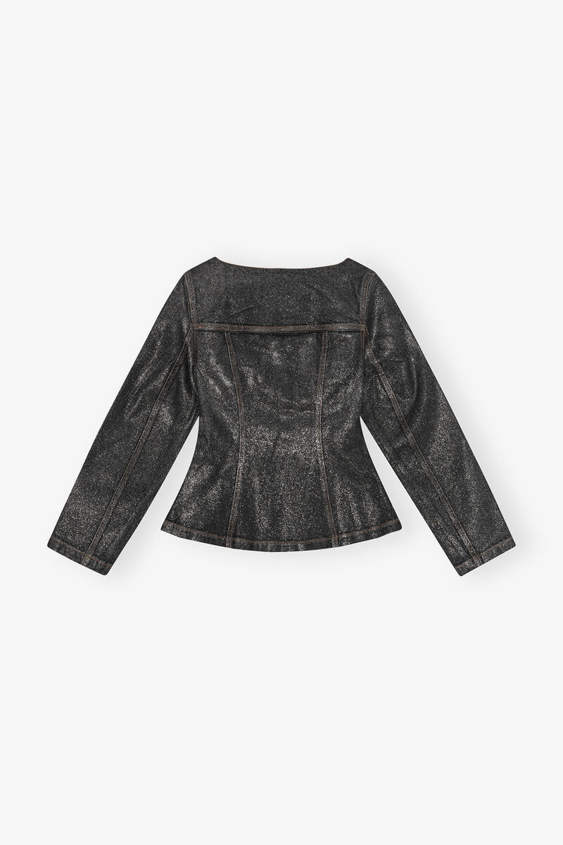 Ganni Peplum Waist Denim Cotton Blazer Jacket In Black