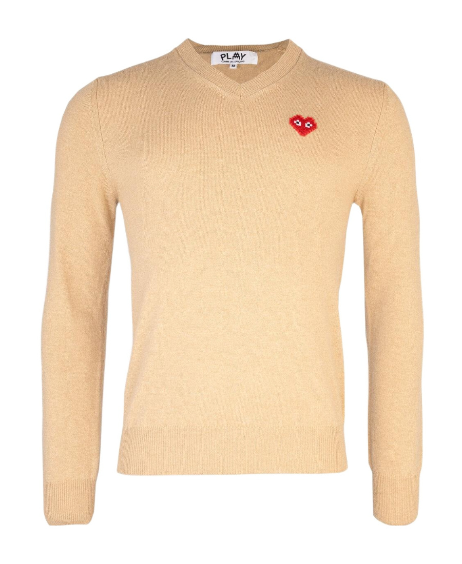 Comme Des Garçons Play Heart-patch V-neck Sweater In Nude