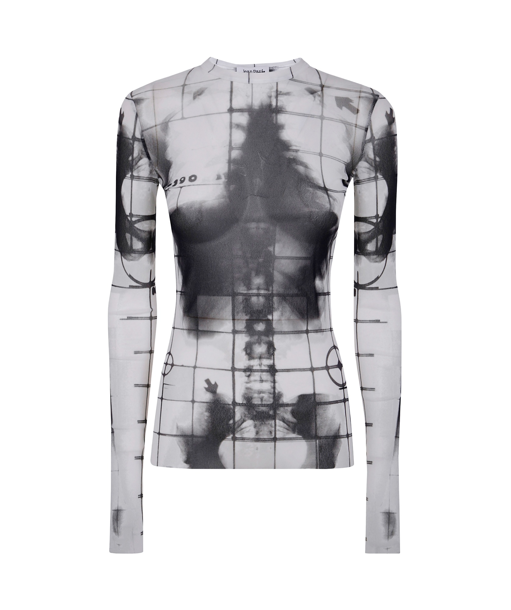 Jean Paul Gaultier Mesh Crew Neck "squeletor" Printed Top In Gray