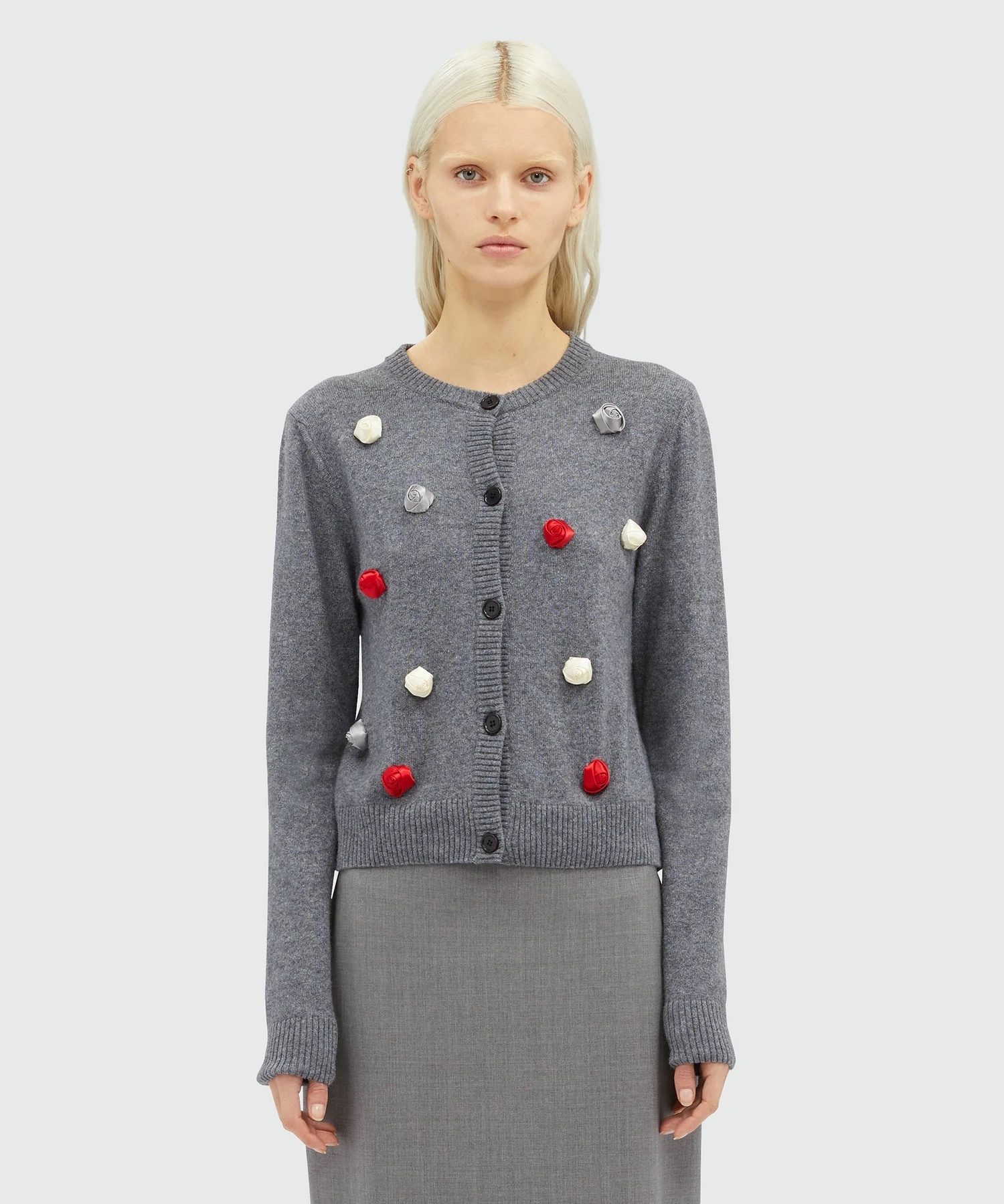 Shop Msgm Rose-appliqu� Knitted Cardigan In Gray