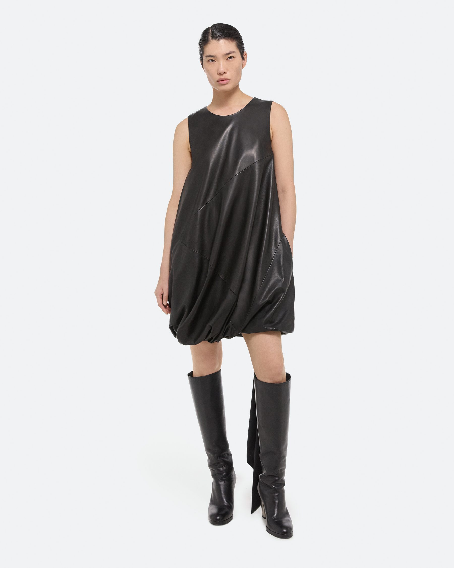 Helmut Lang Leather Puffball Minidress In Black