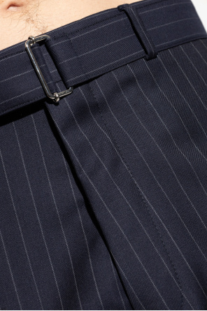 Officine Generale Nash Wide-leg Belted Pinstriped Virgin Wool-twill Suit Trousers In Blue