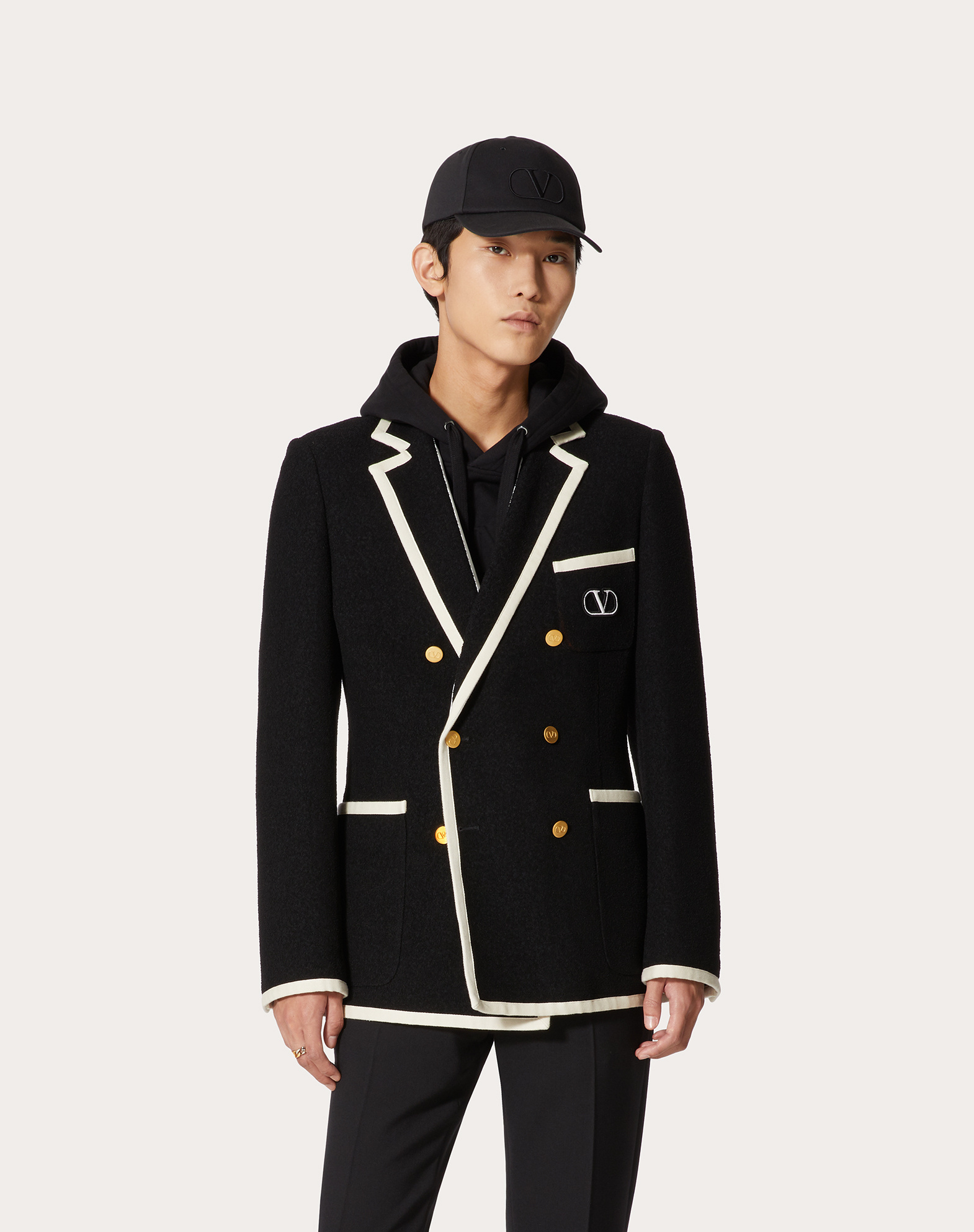 VALENTINO DOUBLE-BREASTED BOUCLÉ WOOL JACKET WITH VLOGO SIGNATURE EMBROIDERY 