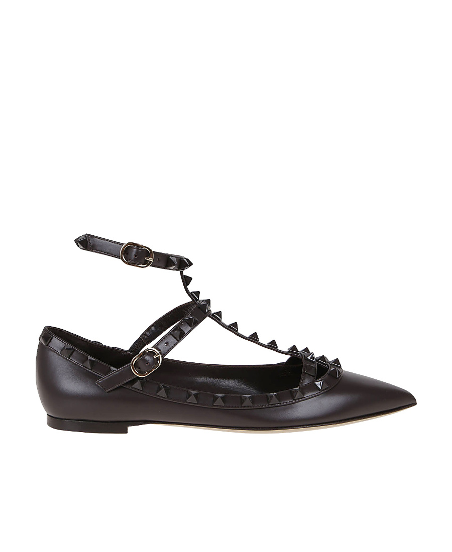 Valentino Rockstud Leather Ballerina Shoes In Brown