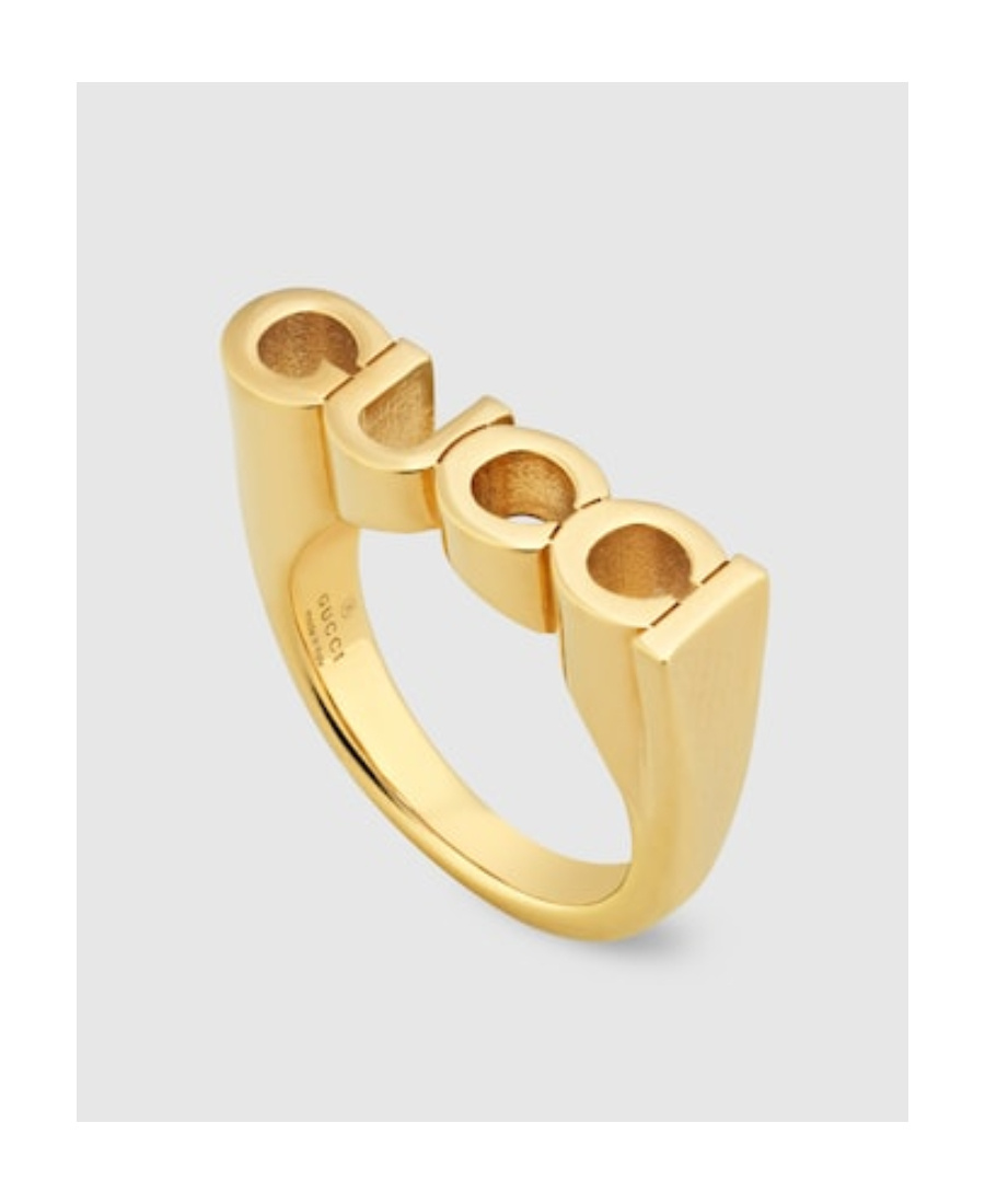 Gucci Logo-lettering Polished-finish Ring In Yellow