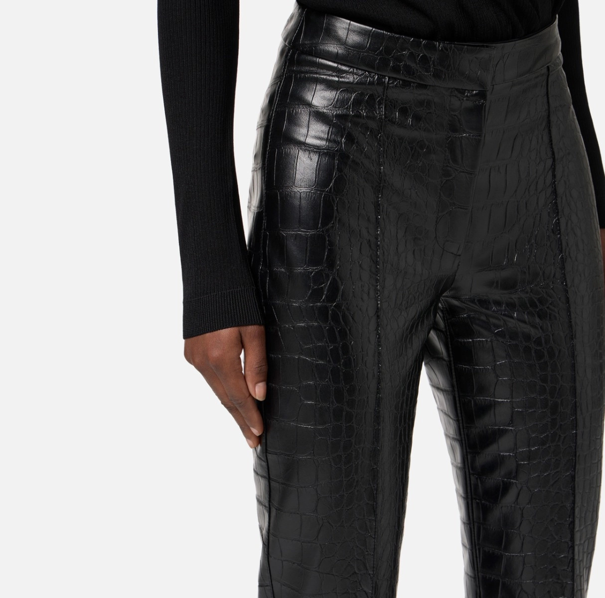 Elisabetta Franchi High Waisted Flared Trousers With Crocodile Effect In Black
