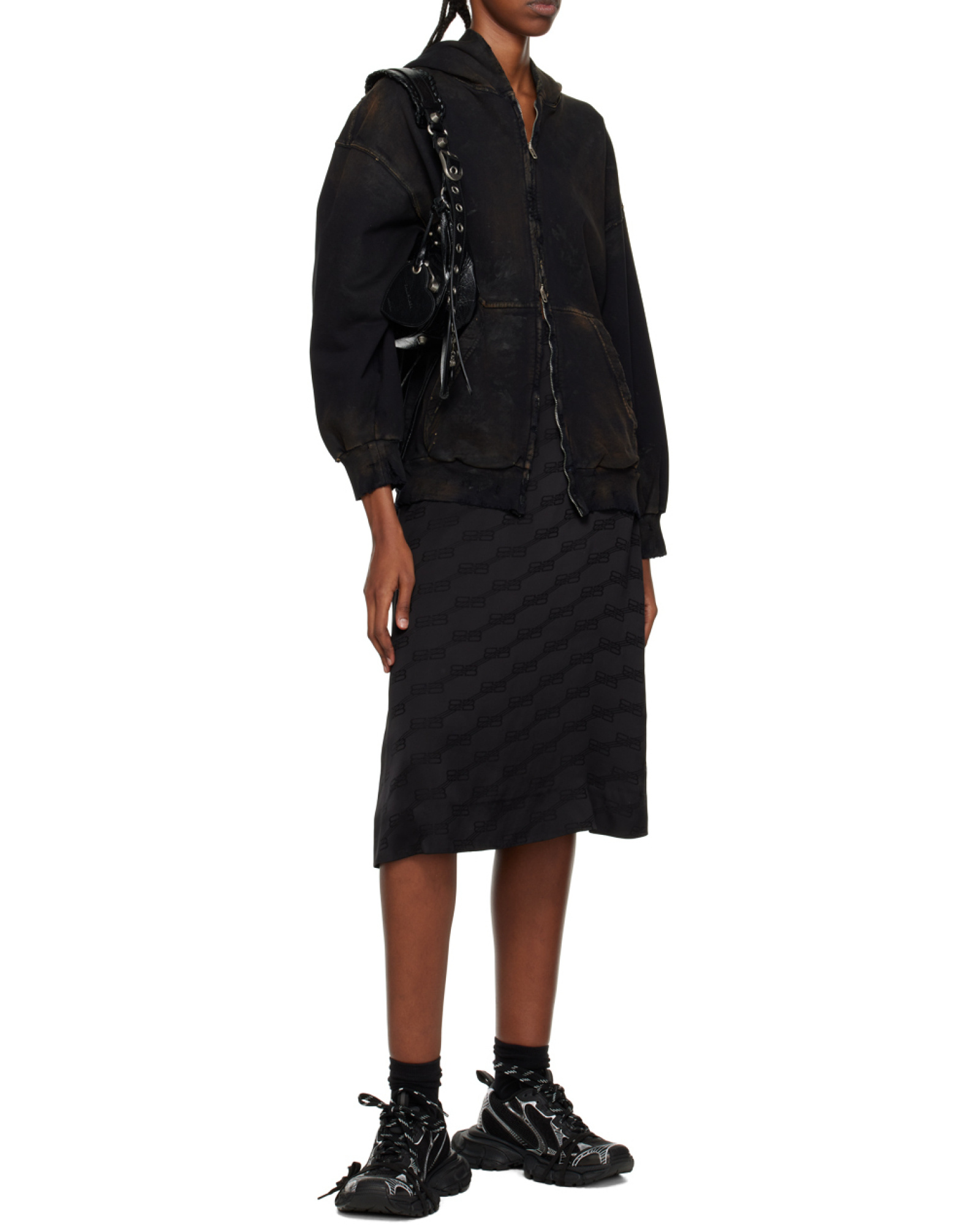 Shop Balenciaga Hoodie Con Cerniera Paris Small Fit In Nero Délavé In Black