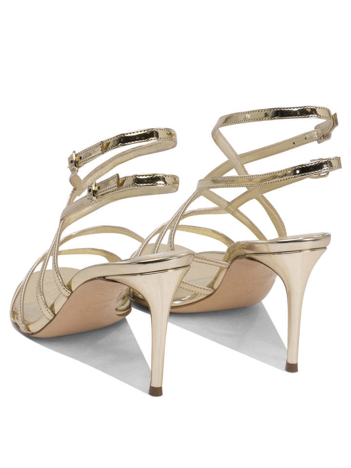 Casadei Julia 80 Metallic Leather Cage Sandals In Gold