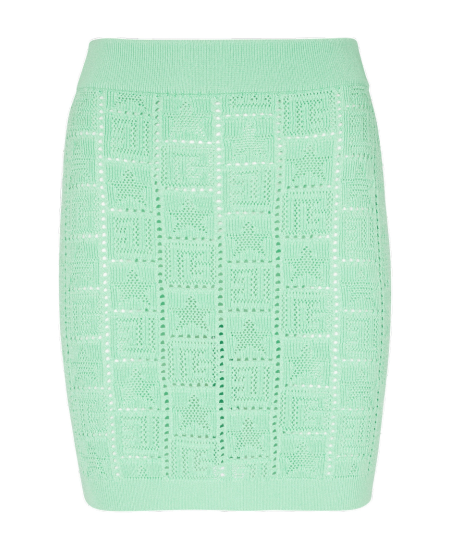 Balmain Monogram-pattern Open-knit Miniskirt In Green