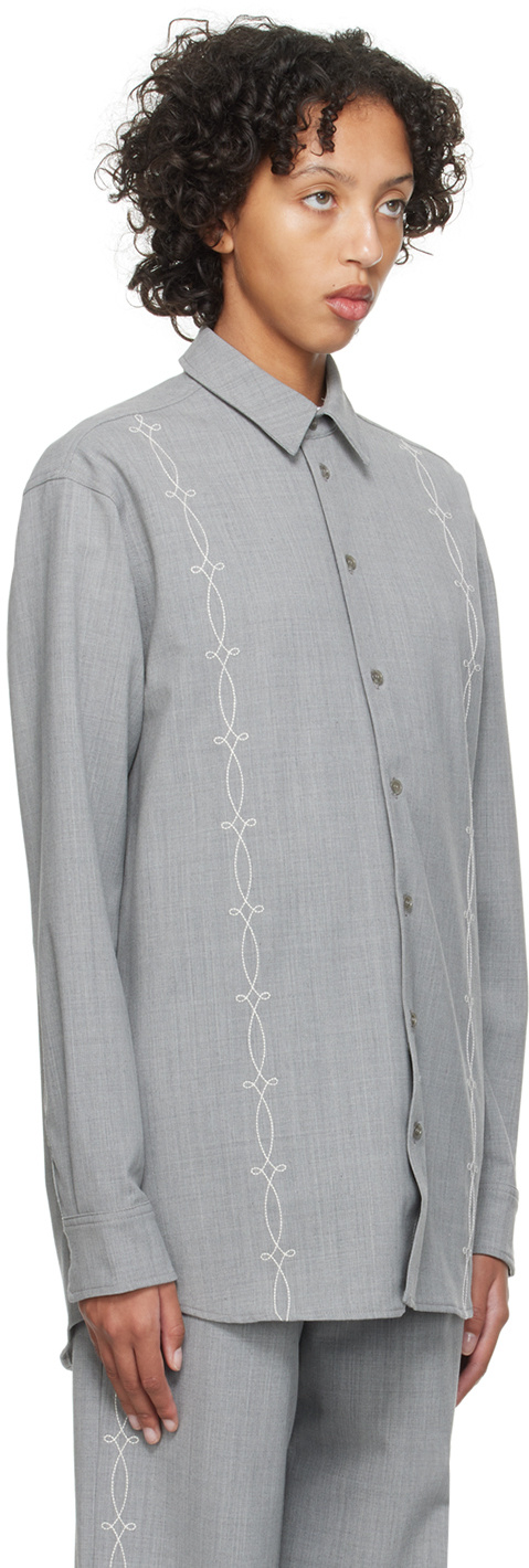 Soulland Embroidered-design Long-sleeve Shirt In Gray