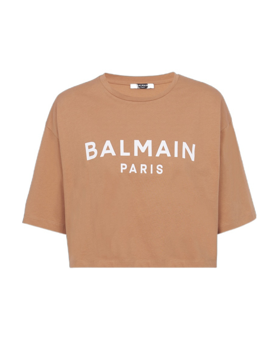 Balmain Logo-print Cropped T-shirt In Nude