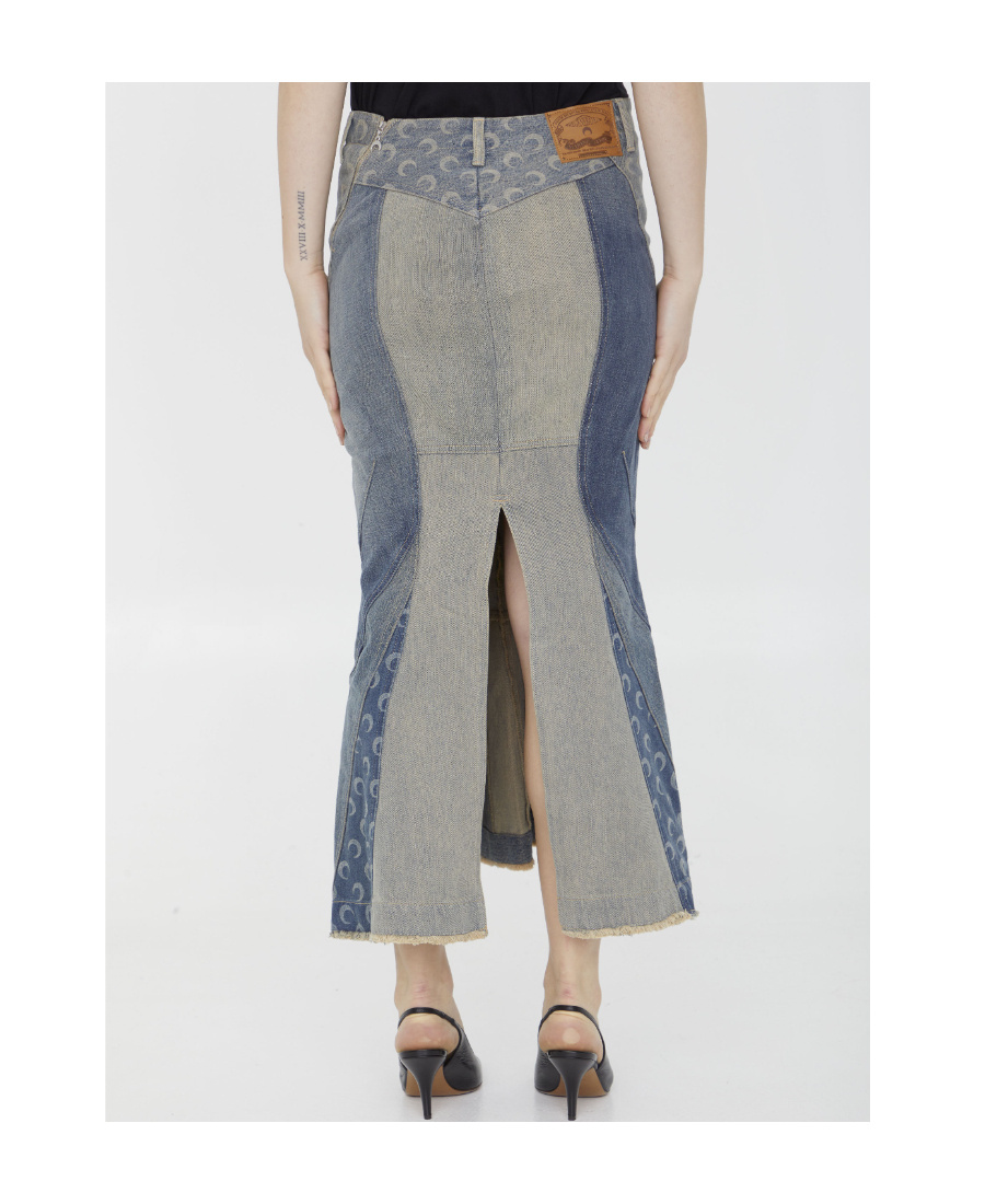 Marine Serre Panelled Denim Flared Skirt In Gray