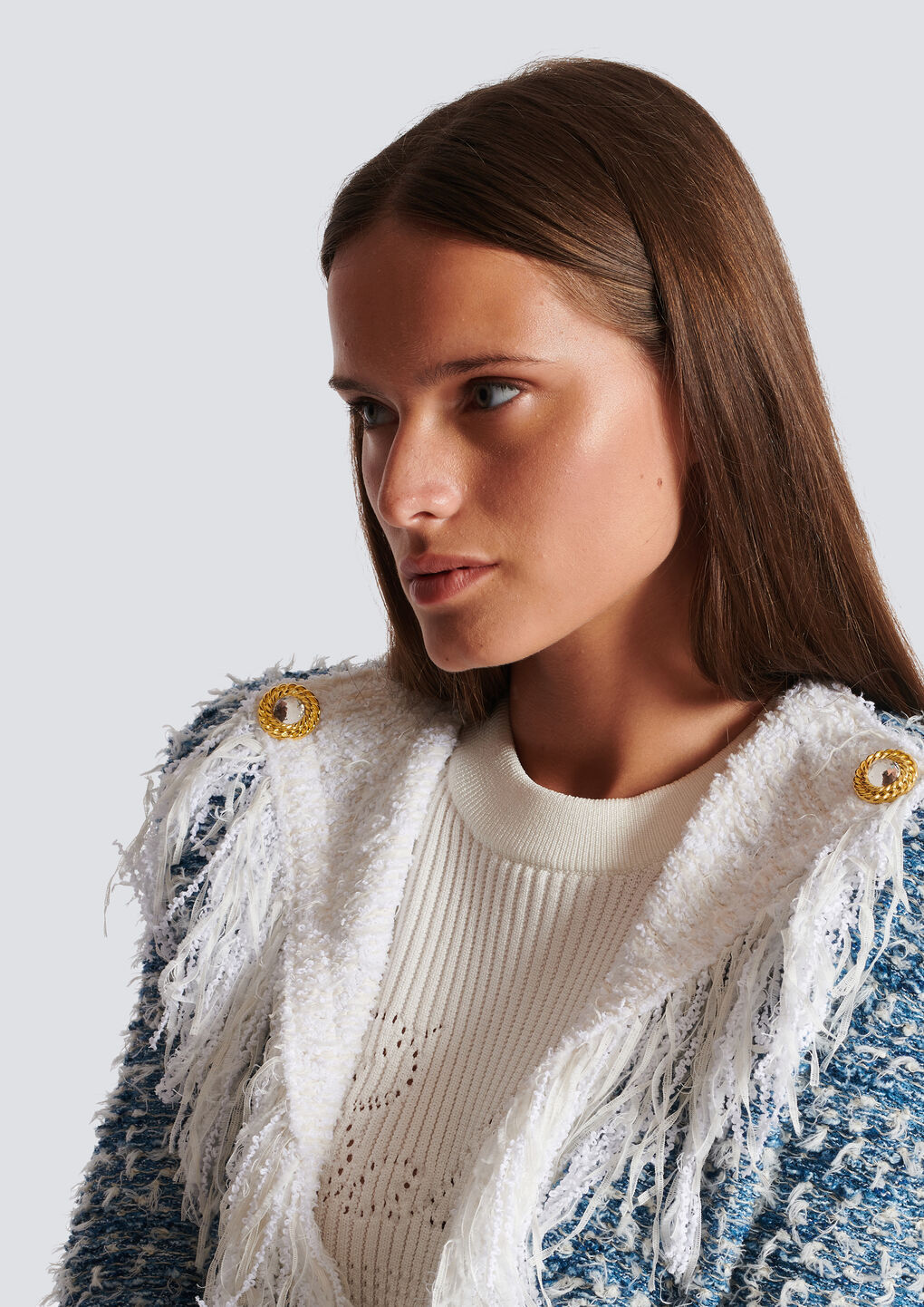 Shop Balmain Fringed Denim Tweed Jacket In Blue