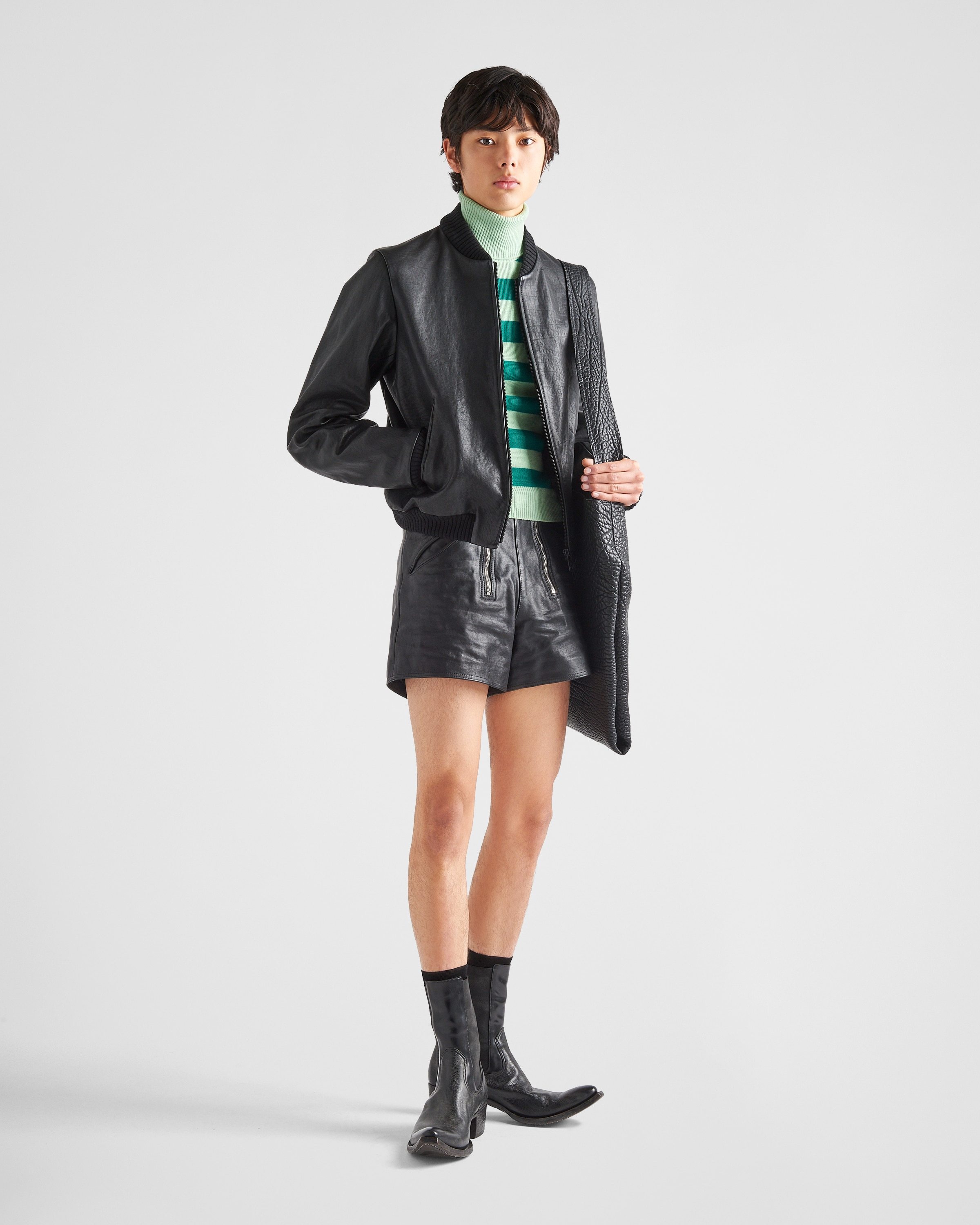 Prada Logo-patch Leather Bomber Jacket In Black