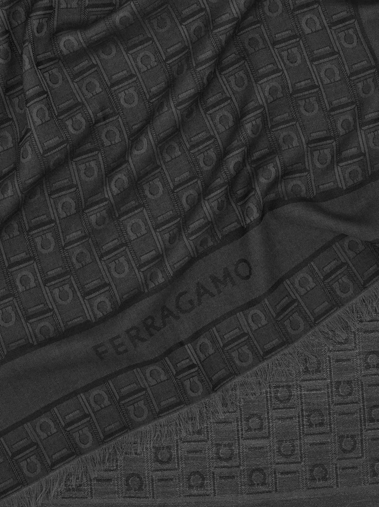 Ferragamo Gancini Monogram Jacquard Wool Scarf In Black
