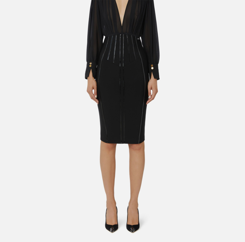 Elisabetta Franchi Skirt In Neoprene Fabric With Corset Details In Black