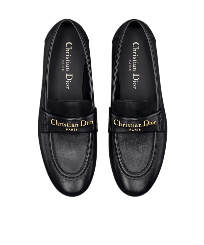 Dior Round Toe Leather Loafers With Flat Sole In Black