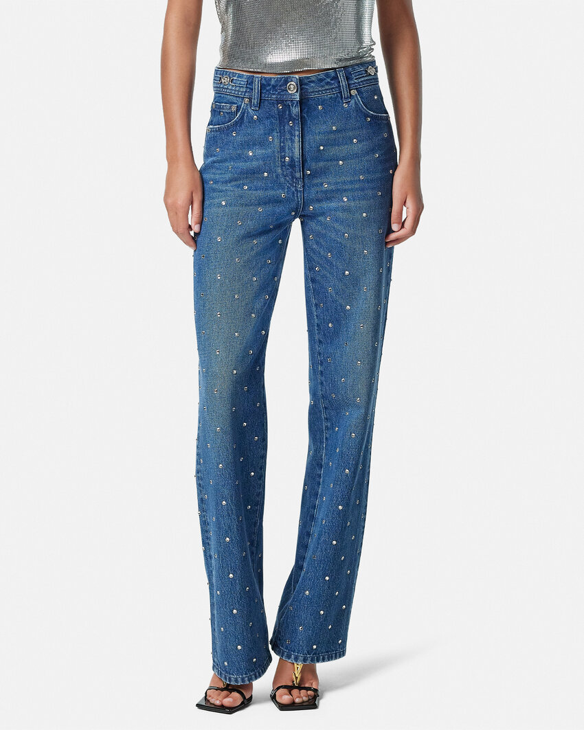 Versace Stud Embellishment Straight-leg Tousers In Blue