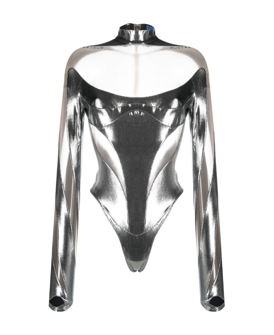 Mugler Sheer-panelled Metallic Bodysuit In White