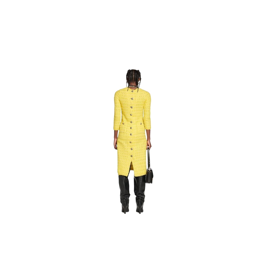 Balenciaga Yellow Bb Button Boucle Woven Tweed Midi Dress In Yellow