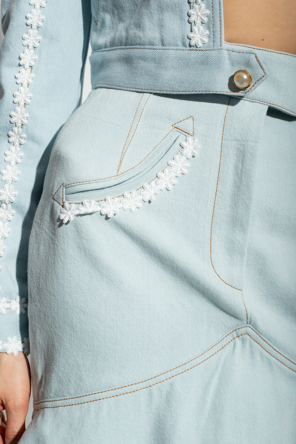 Casablanca Floral-embroidered Denim Peplum Skirt In White