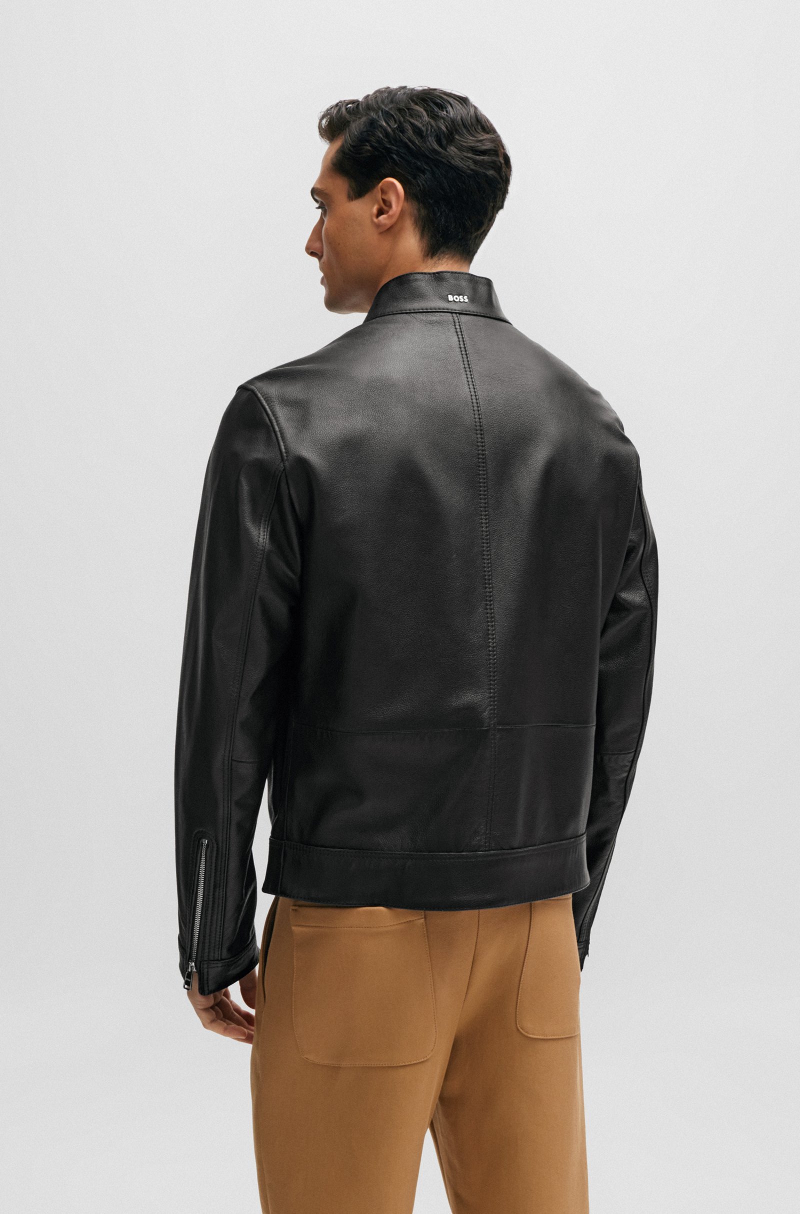 Hugo Boss Regular-fit Jacket In Grained Leather In Black