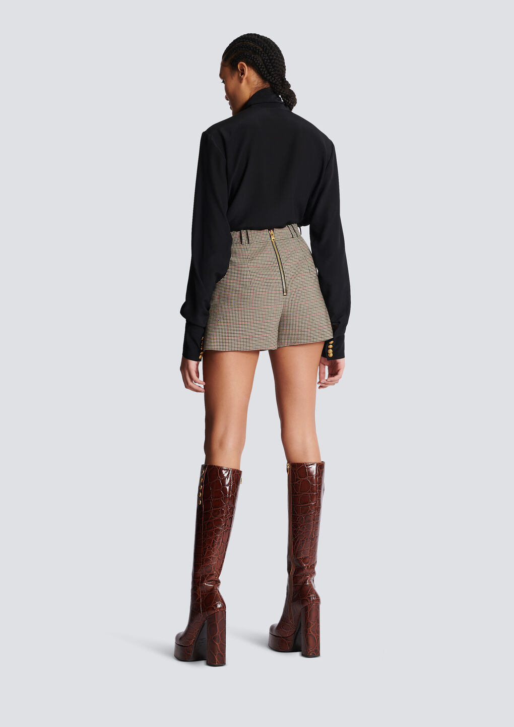 Balmain Checked Wool Blend High Rise Shorts In Gray