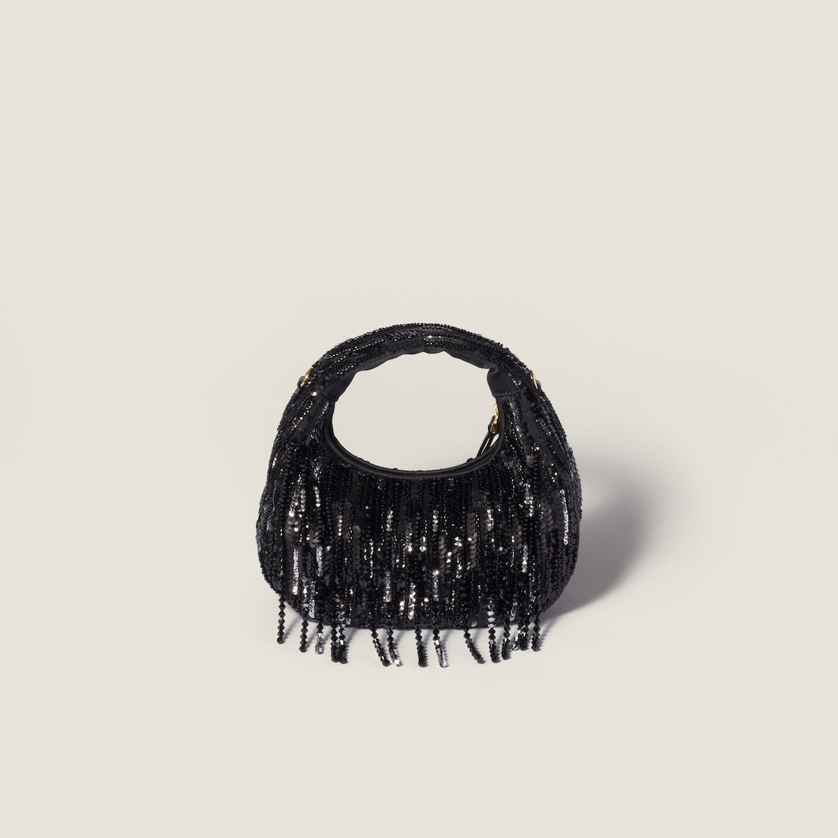 Miu Miu Wander Satin Mini-bag With Crystal And Sequin Fringe In Black