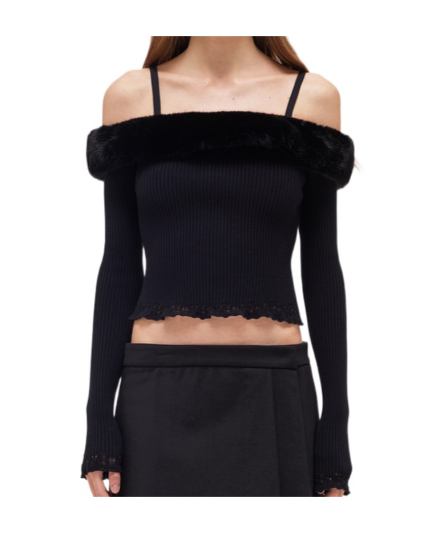 Blumarine Faux-fur Trim Off-shoulder Jumper In Black