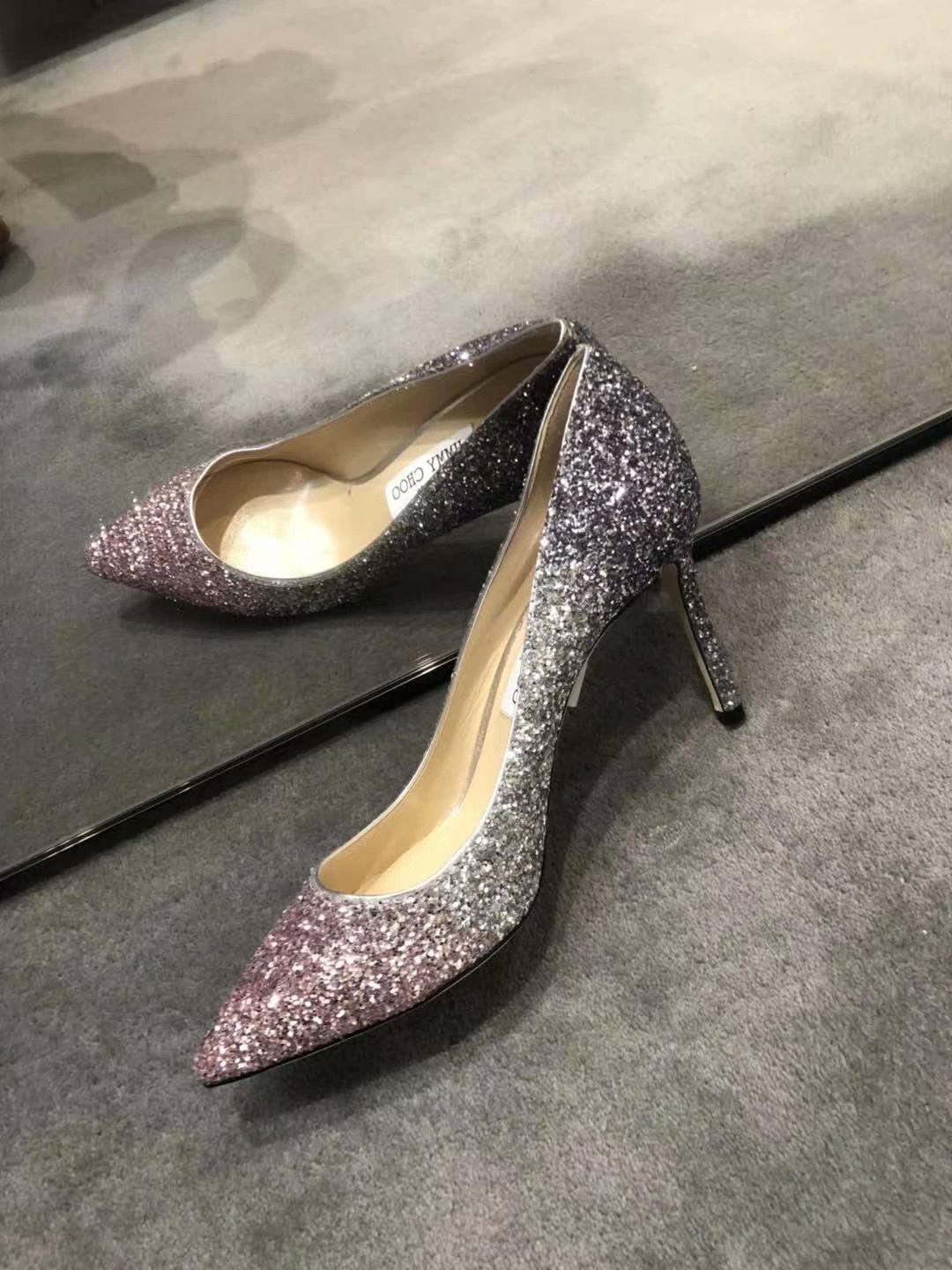 Jimmy Choo Romy 85mm Glitter-embellished Pumps In Gray