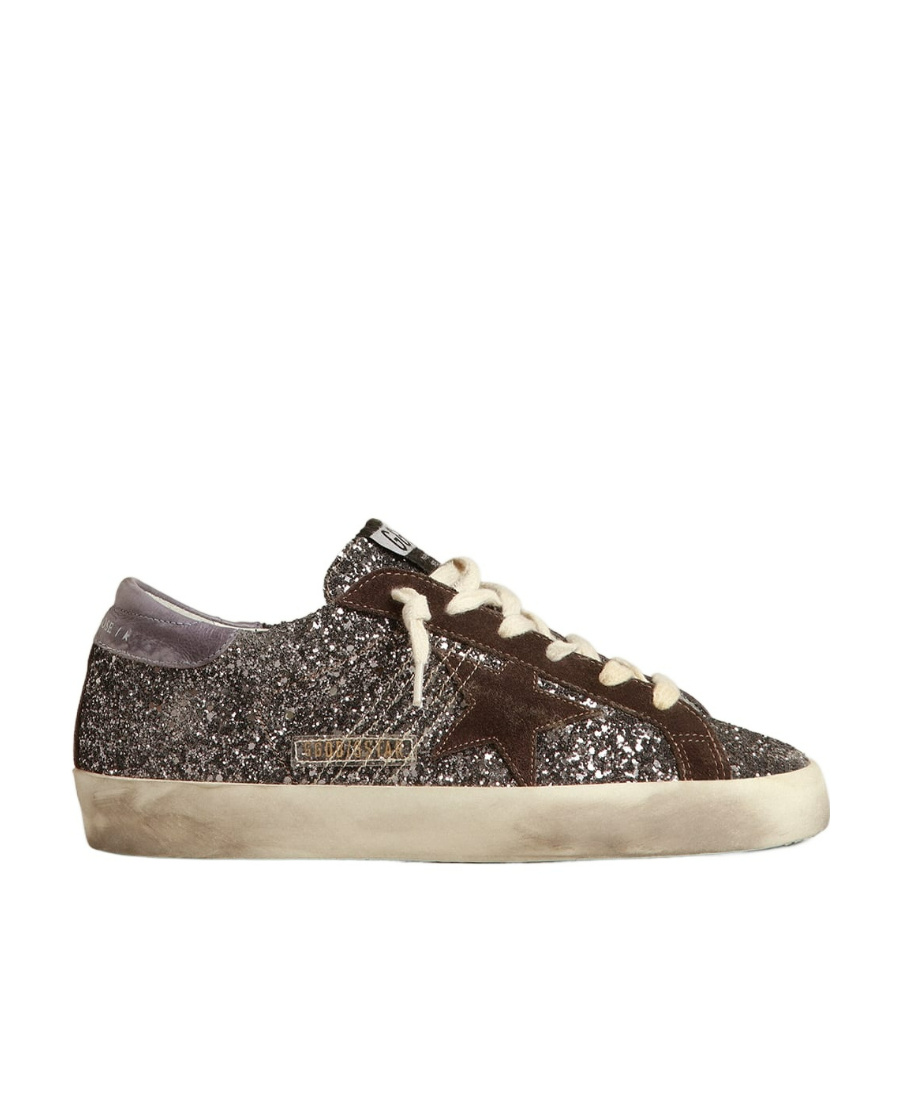 Golden Goose Super-star In Glitter With A Brown Star And Lilac Heel Tab