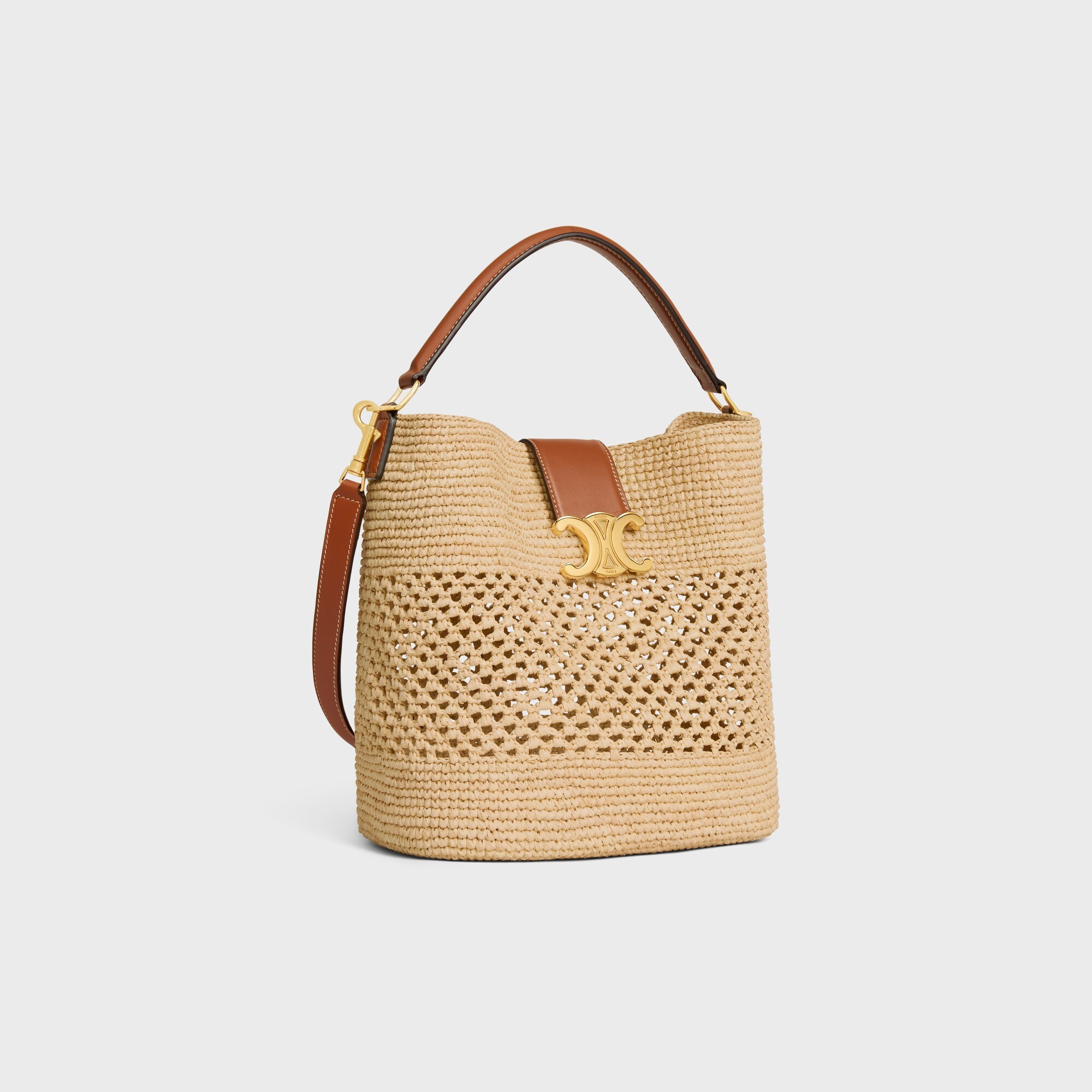 Celine Medium Louise Bucket In Raffia And Calfskin