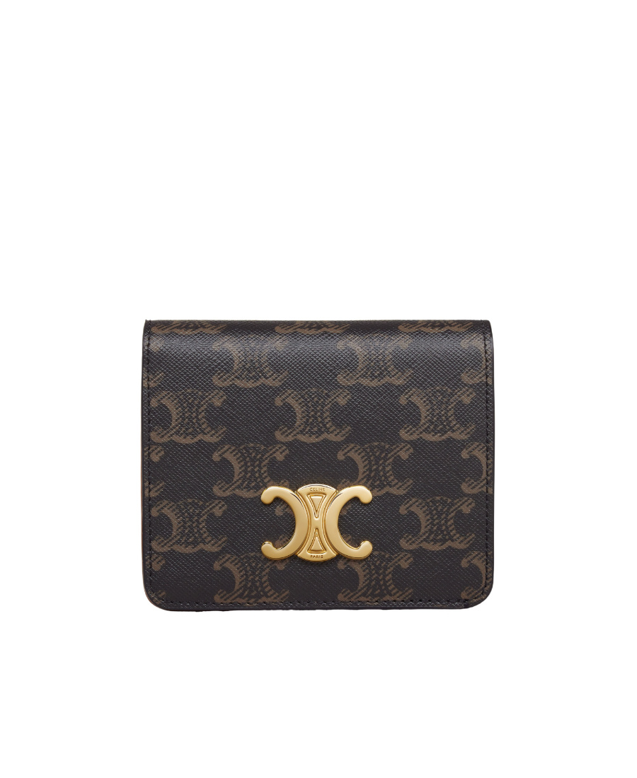 Celine Triomphe Small Wallet In Brown Canvas With Leather Trims For Women In Black