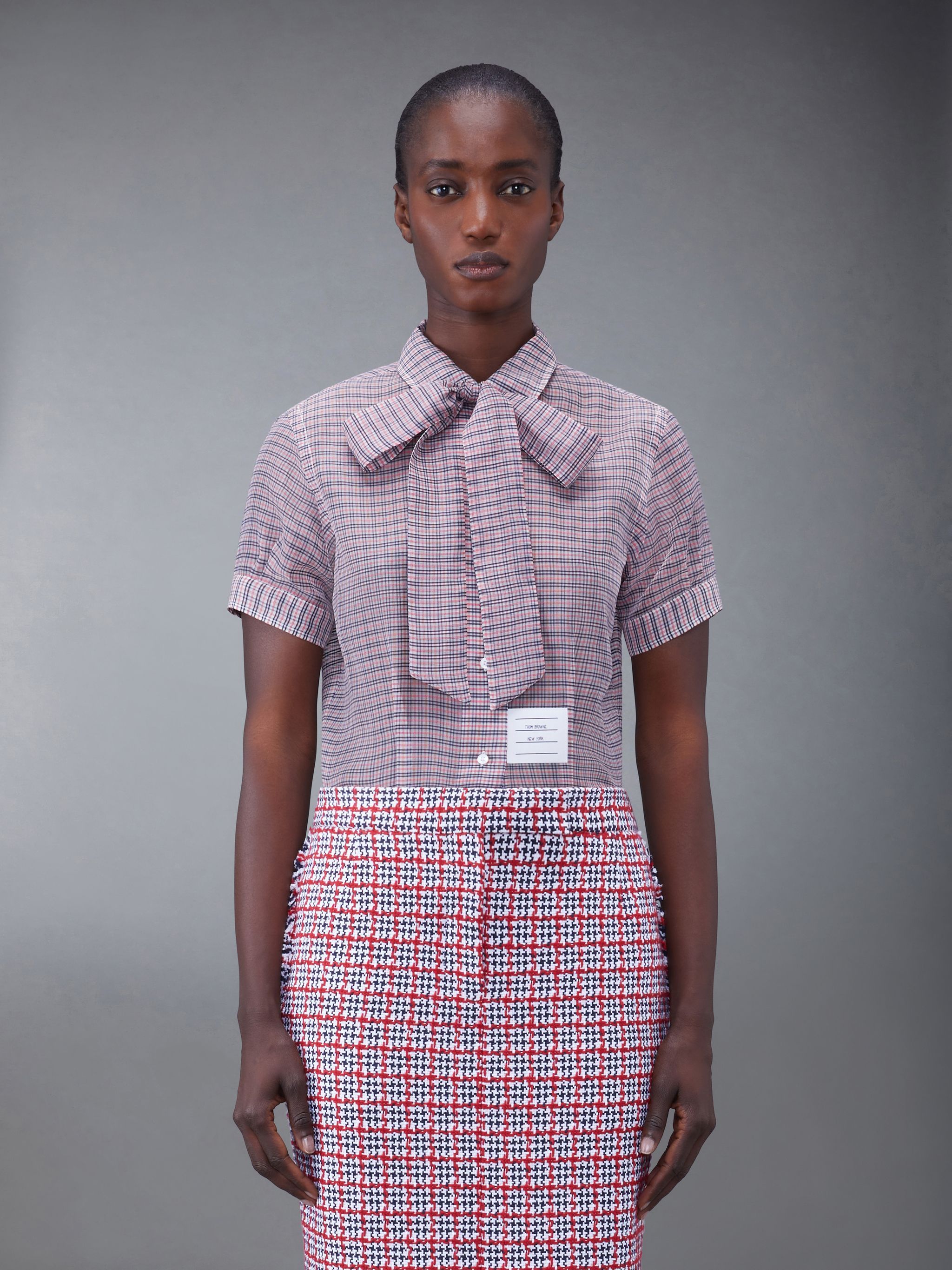 Thom Browne Pussy-bow Check-pattern Blouse In Multicolor