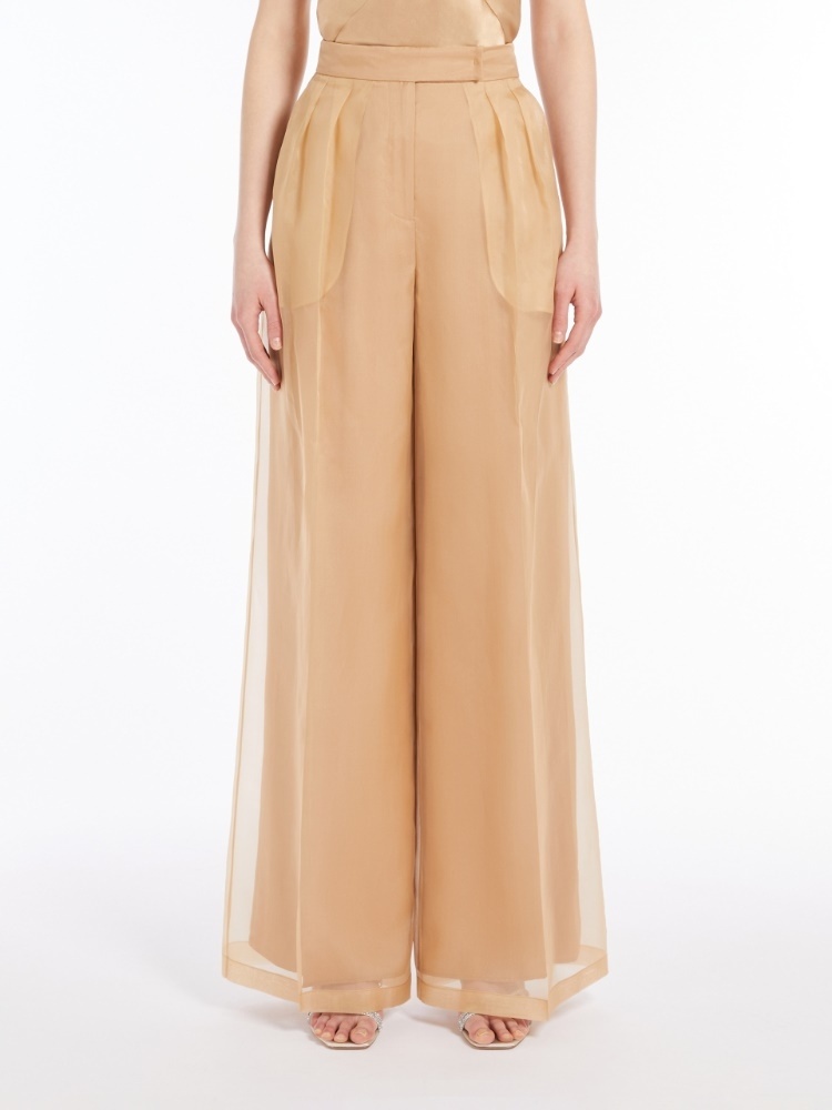 Max Mara Wide-leg Trousers In Sheer Organza With Pleated Detailing In Camel