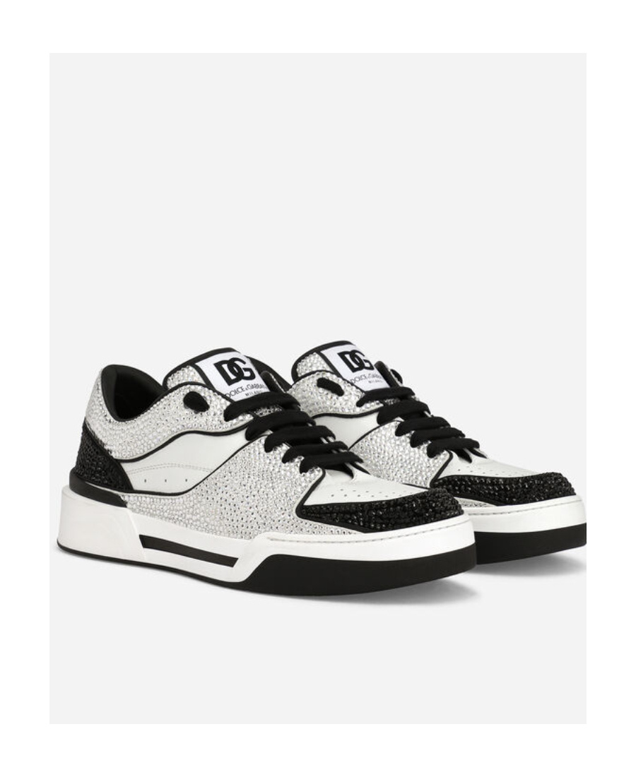 Dolce & Gabbana New Roma Calfskin Leather Sneakers With Thermoset Crystals In White