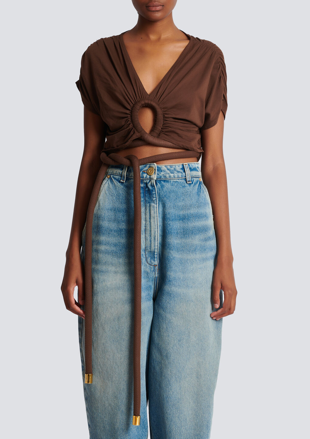 Shop Balmain Draped Jersey Crop Top In Brown