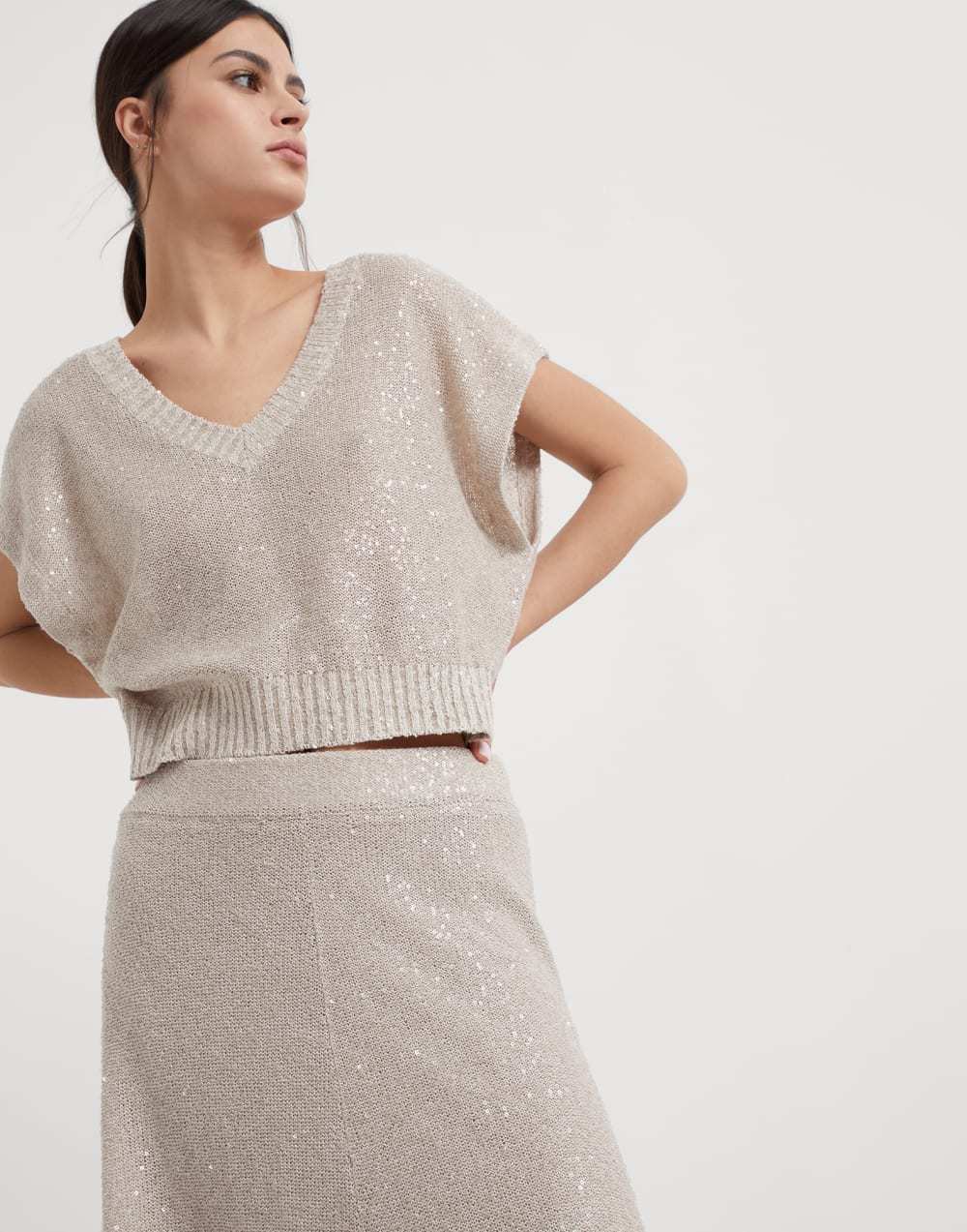 Brunello Cucinelli Sequin-embellished Knitted Midi Skirt In Nude