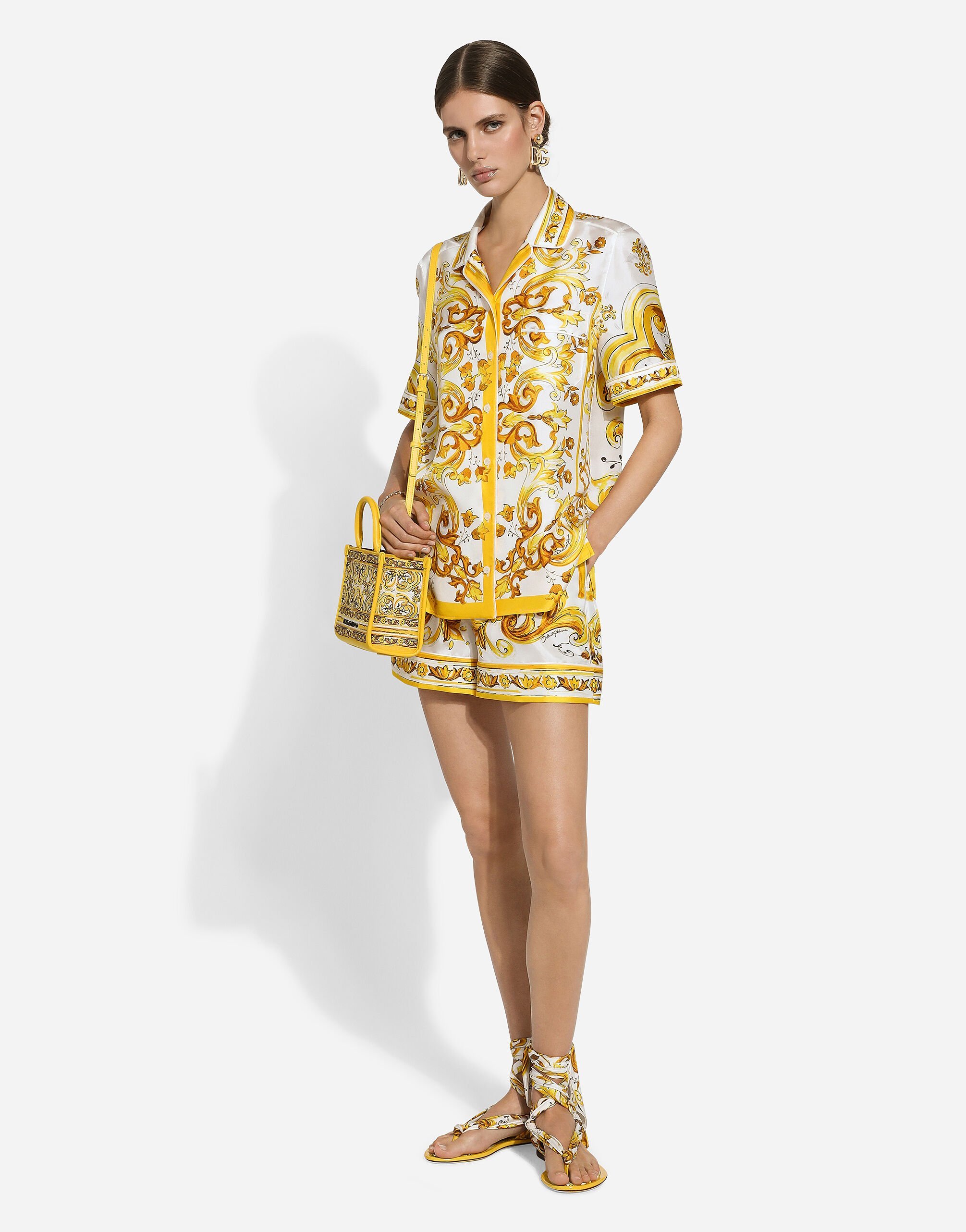Dolce & Gabbana Majolica Print Silk Pajama Shorts In Yellow