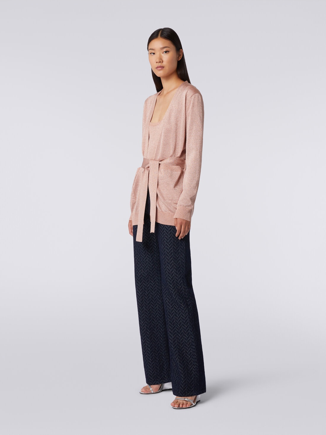 Missoni Metallic-threading V-neck Belted Cardigan In Nude