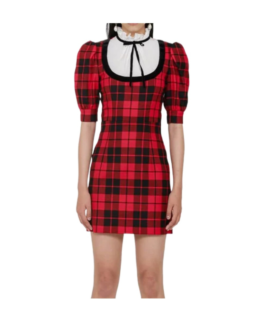 Alessandra Rich Plaid Short-sleeved Wool Dress In Red