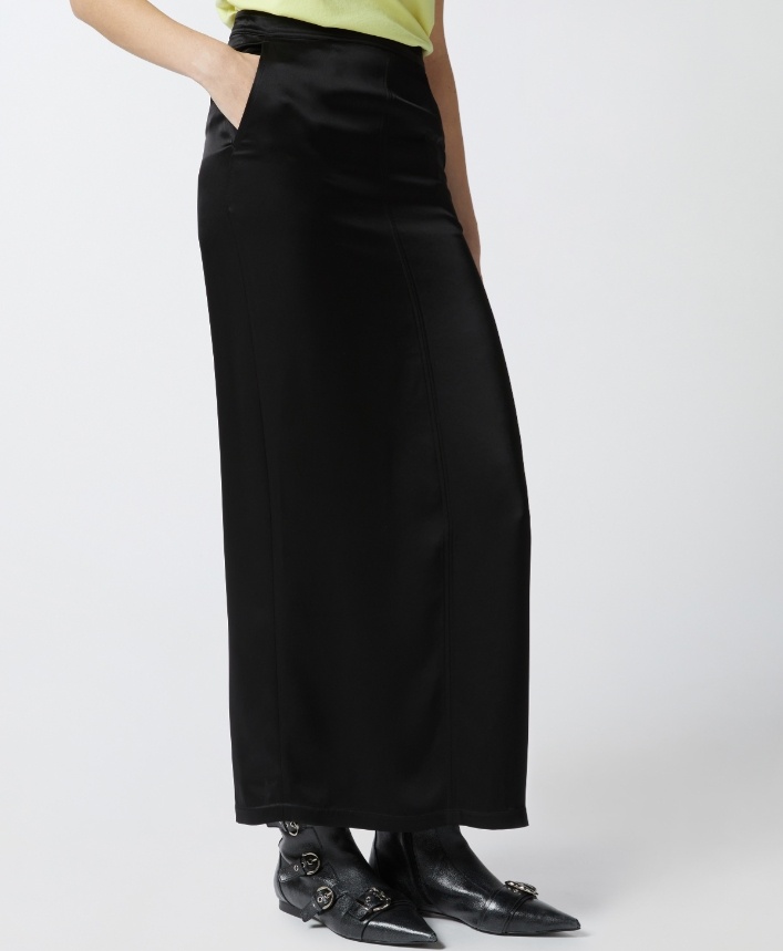 Pinko Long Satin Skirt With Rear Slit In Black