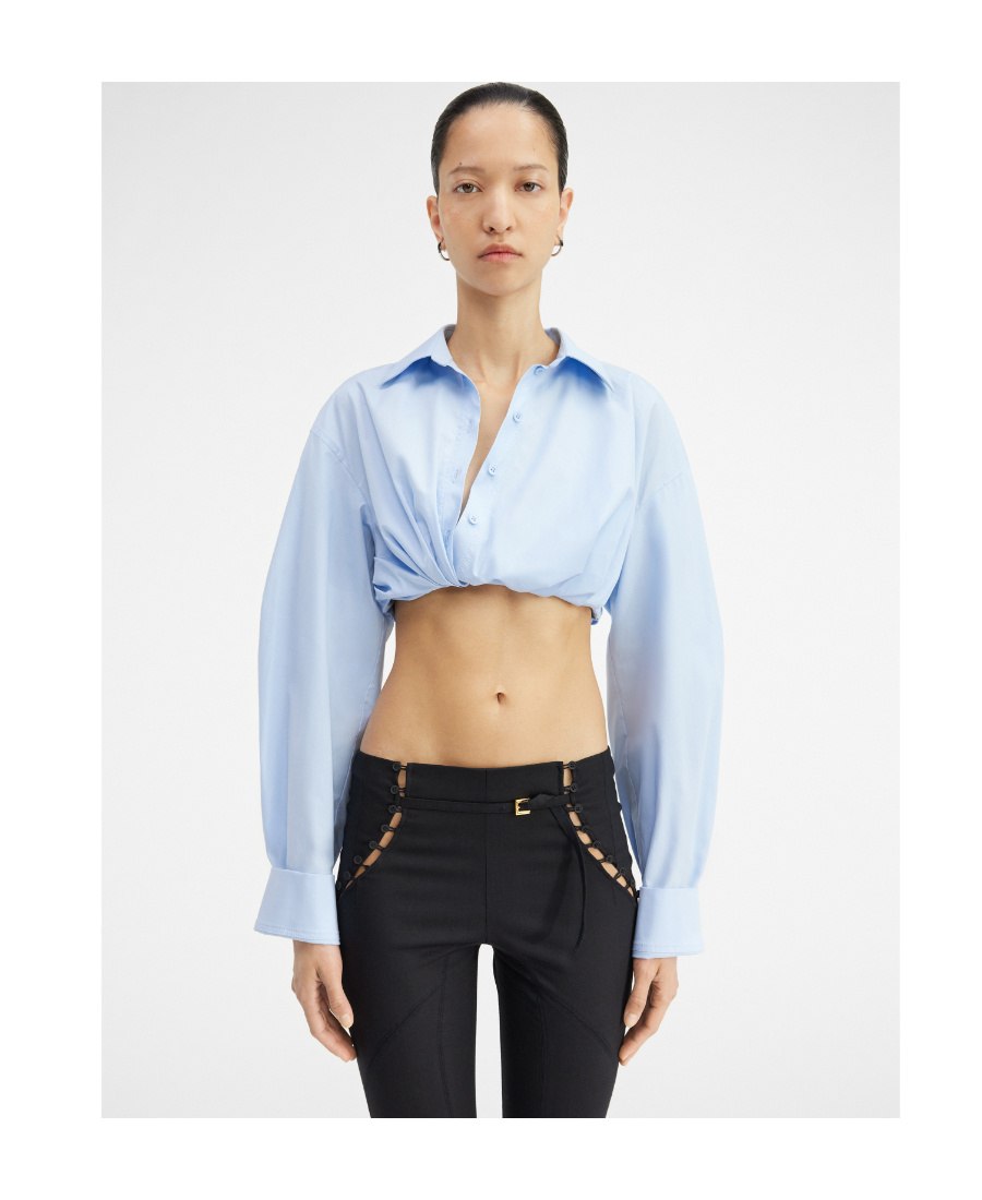 Jacquemus Ruched Tucked In Cropped Long Sleeve Shirt In Blue