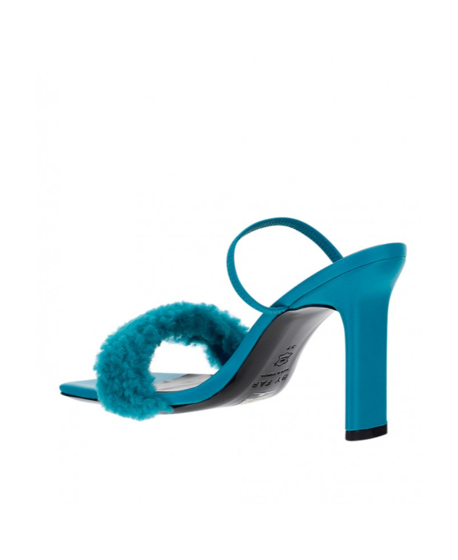 Shop By Far Shearling Heeled Sandals In Blue